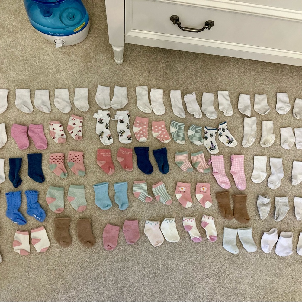 Lot of 45 pairs 0-6 month baby girl socks white floral striped polka dots lace